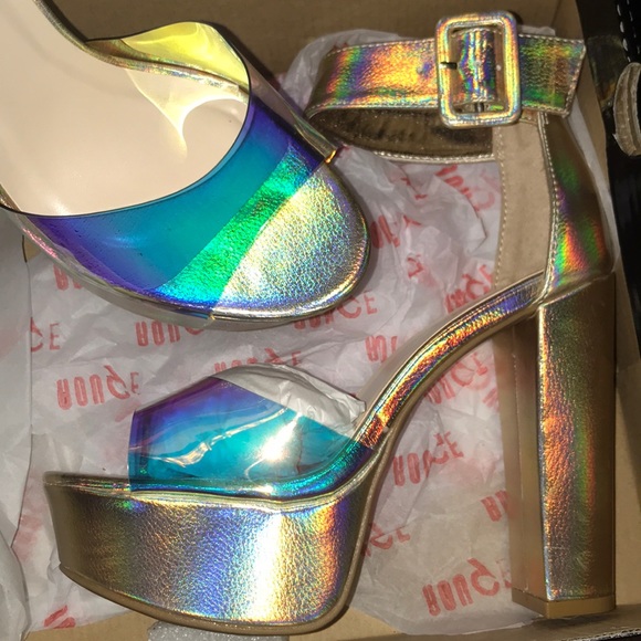 ROUGE Shiny Iridescent Ankle Strap Platform Heels - Picture 7 of 8